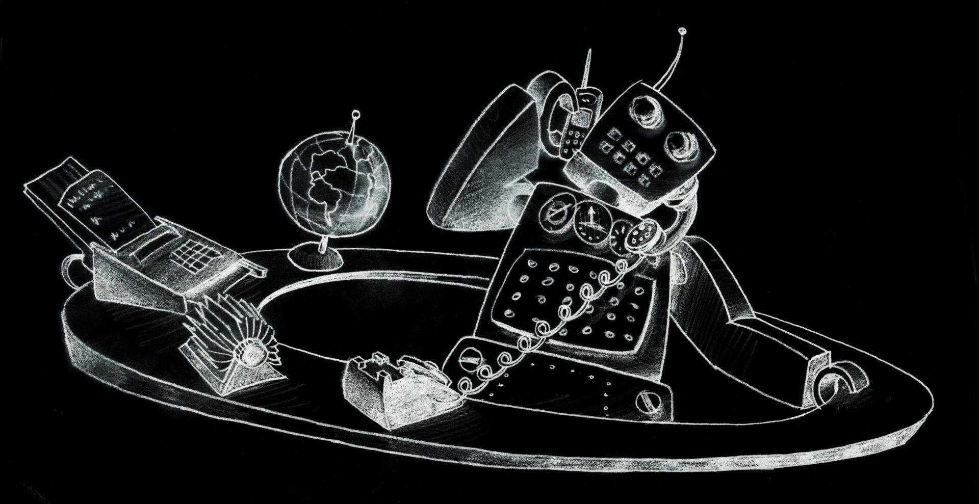 A white-on-black chalk sketch of various office supplies and devices, including a telephone, calculator, and laptop, organized on a desk.
