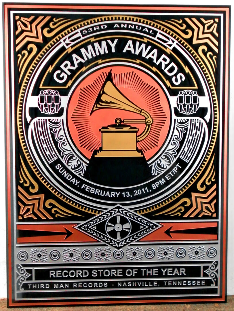 A promotional poster for the 53rd annual grammy awards, dated sunday, february 13, 2011, with a stylized gramophone in the center.