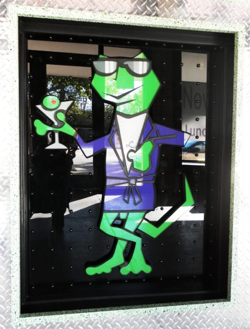 A whimsical illustration of a green frog character wearing clothes and sunglasses, walking through a door while holding a smaller frog.