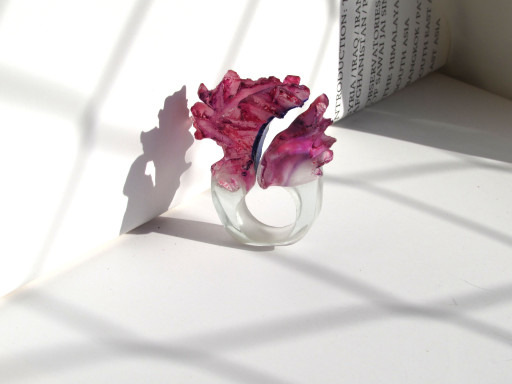Transparent ring holding a dried pink flower petal with shadows on a white surface.