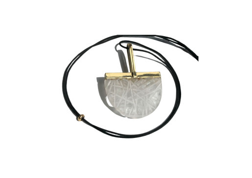 Pendant lamp with a textured white shade and gold-colored accents, partially wrapped in black cable.