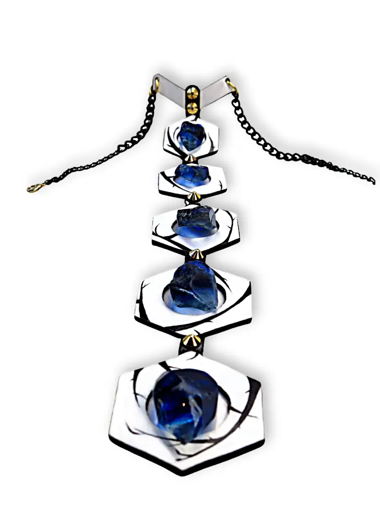 A necklace with blue gemstones in descending sizes set in metal on a white background.